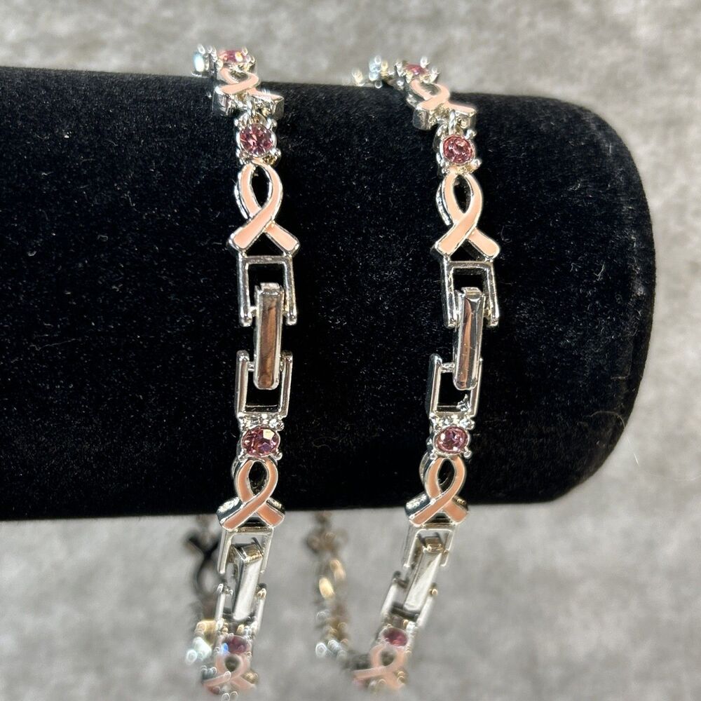 Avon 2010 Breast Cancer Crusade Tennis Bracelet Light Pink Rhinestone Lot Of 2 - Picture 3 of 4